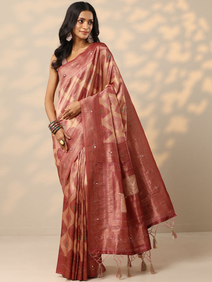 Peach Woven Design Banarasi Silk Blend Saree With Unstitched Blouse Piece