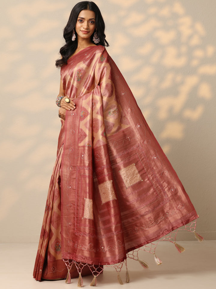 Peach Woven Design Banarasi Silk Blend Saree With Unstitched Blouse Piece