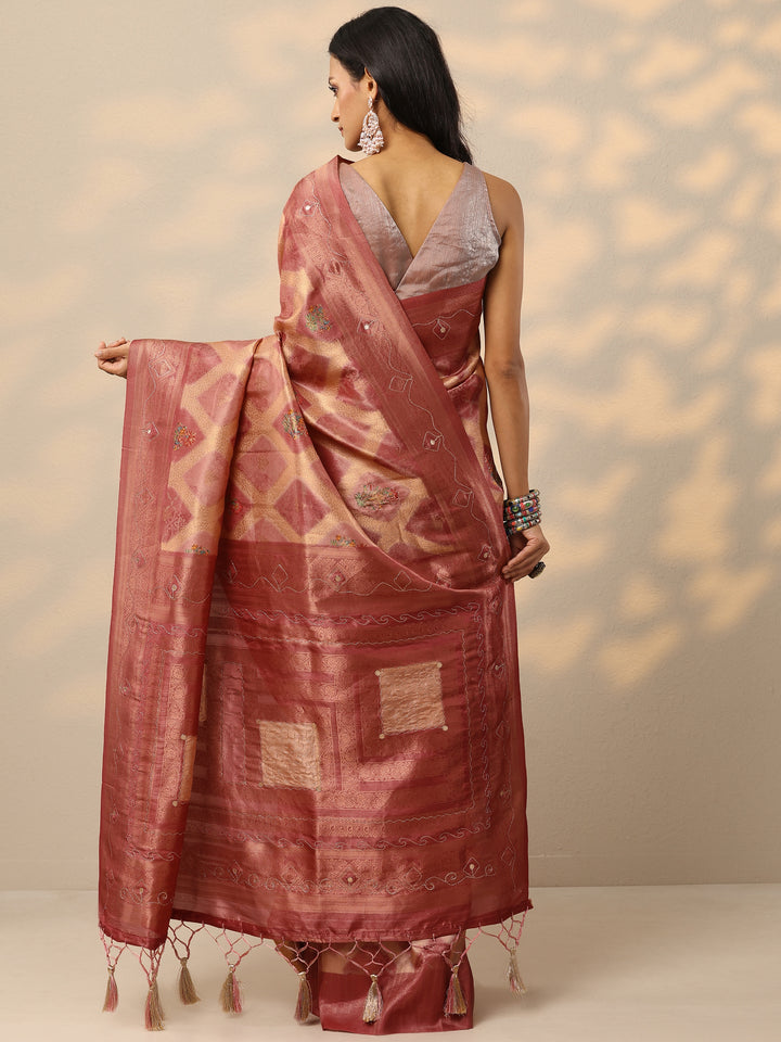 Peach Woven Design Banarasi Silk Blend Saree With Unstitched Blouse Piece