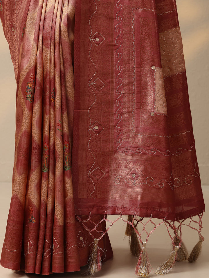 Peach Woven Design Banarasi Silk Blend Saree With Unstitched Blouse Piece
