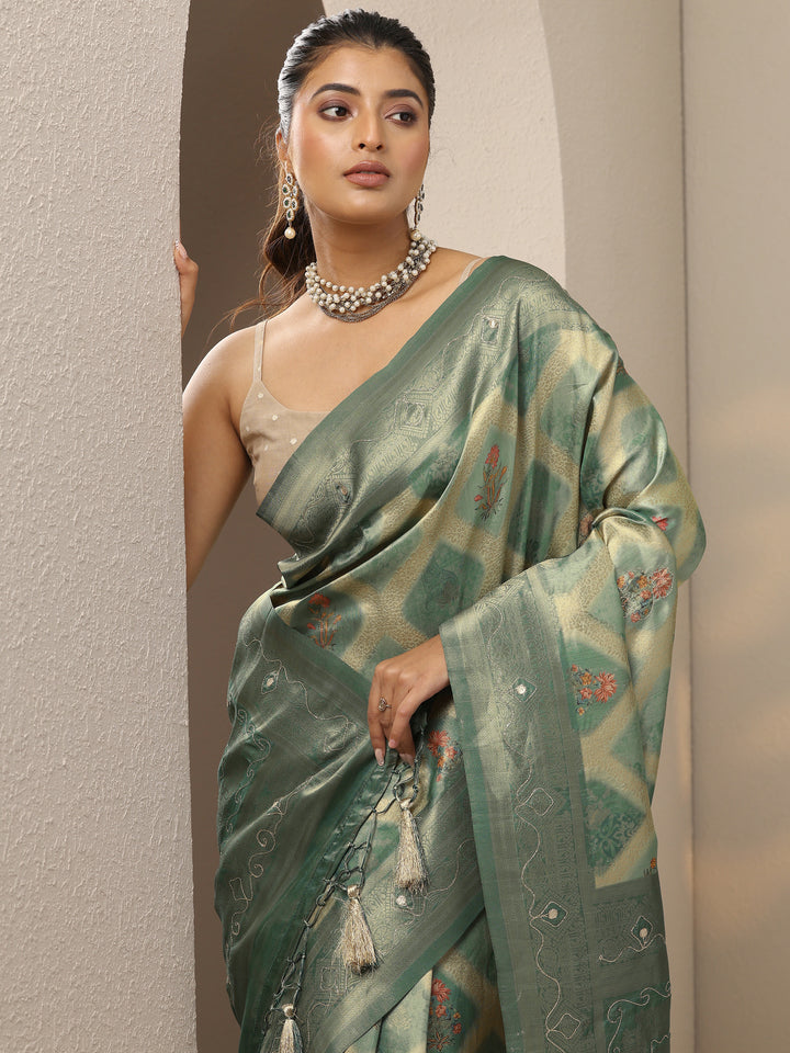 Green Woven Design Silk Blend Saree With Unstitched Blouse Piece