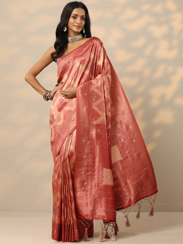 Peach Woven Design Silk Blend Saree With Unstitched Blouse Piece