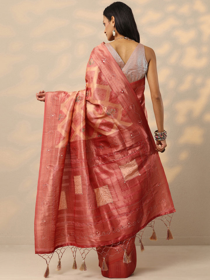 Peach Woven Design Silk Blend Saree With Unstitched Blouse Piece