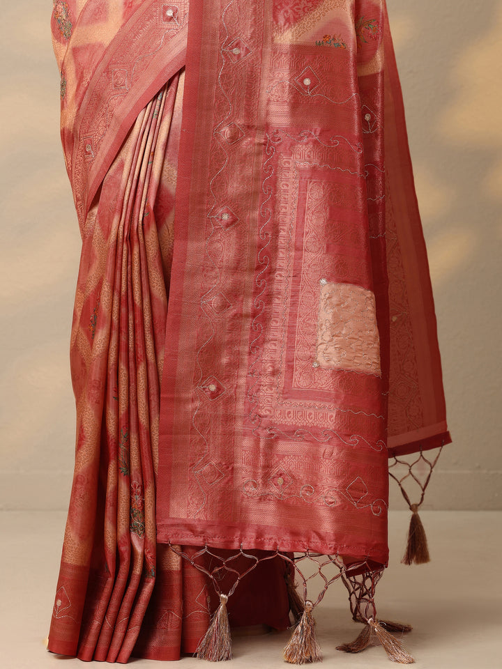Peach Woven Design Silk Blend Saree With Unstitched Blouse Piece