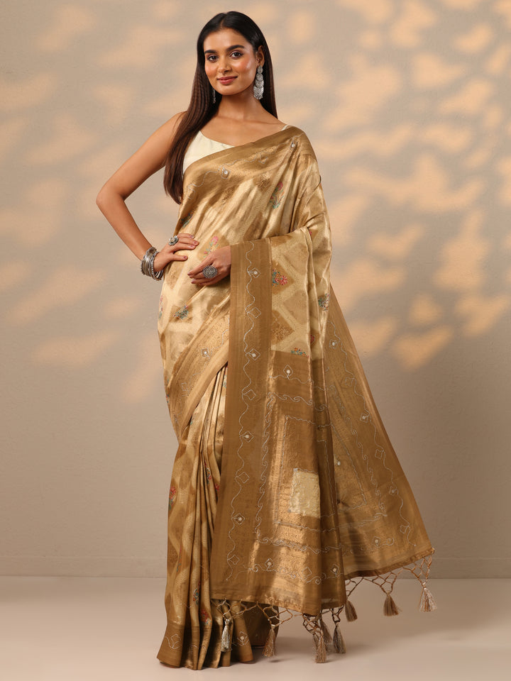 Gold Woven Design Banarasi Silk blend Saree With Unstitched Blouse Piece