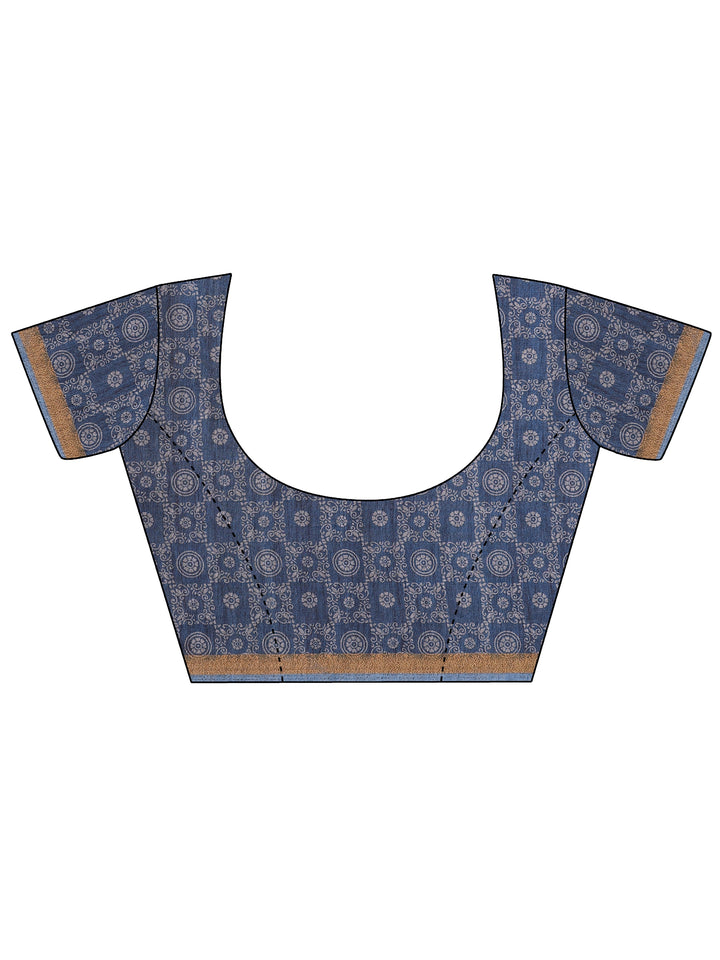Blue Printed Silk Blend Saree With Unstitched Blouse Piece