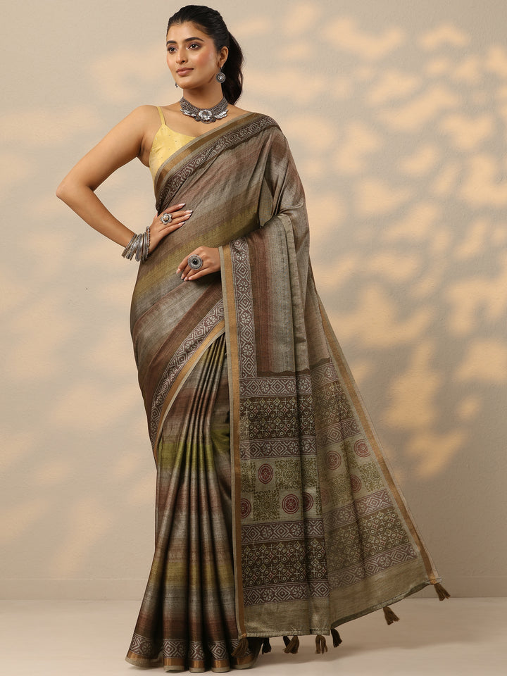 Green Printed Silk Blend Saree With Unstitched Blouse Piece