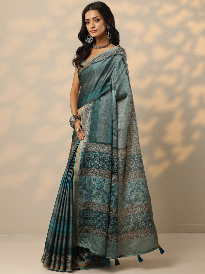 Teal Printed Silk Blend Saree With Unstitched Blouse Piece