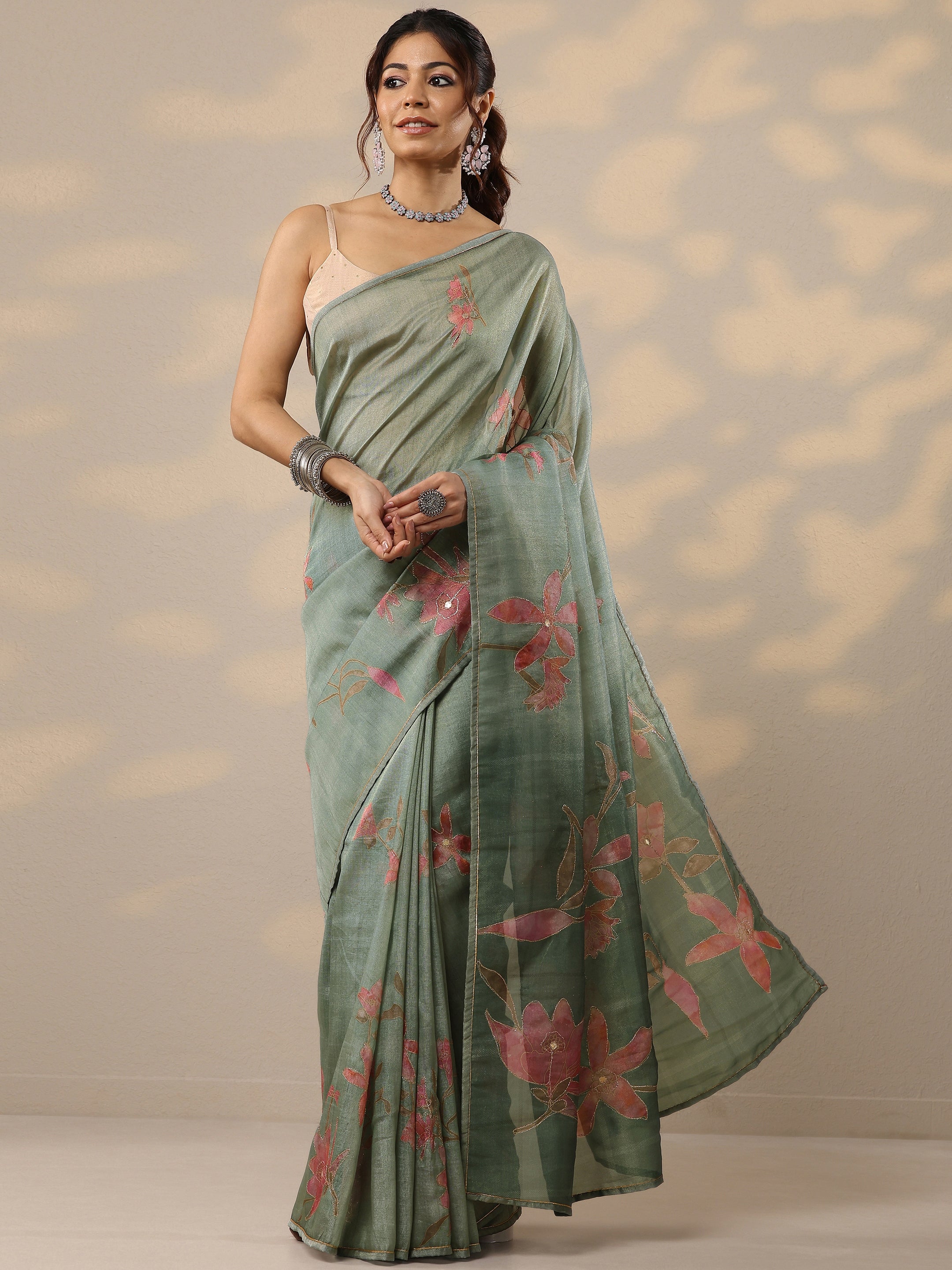 Green Printed Silk Blend Saree With Unstitched Blouse Piece