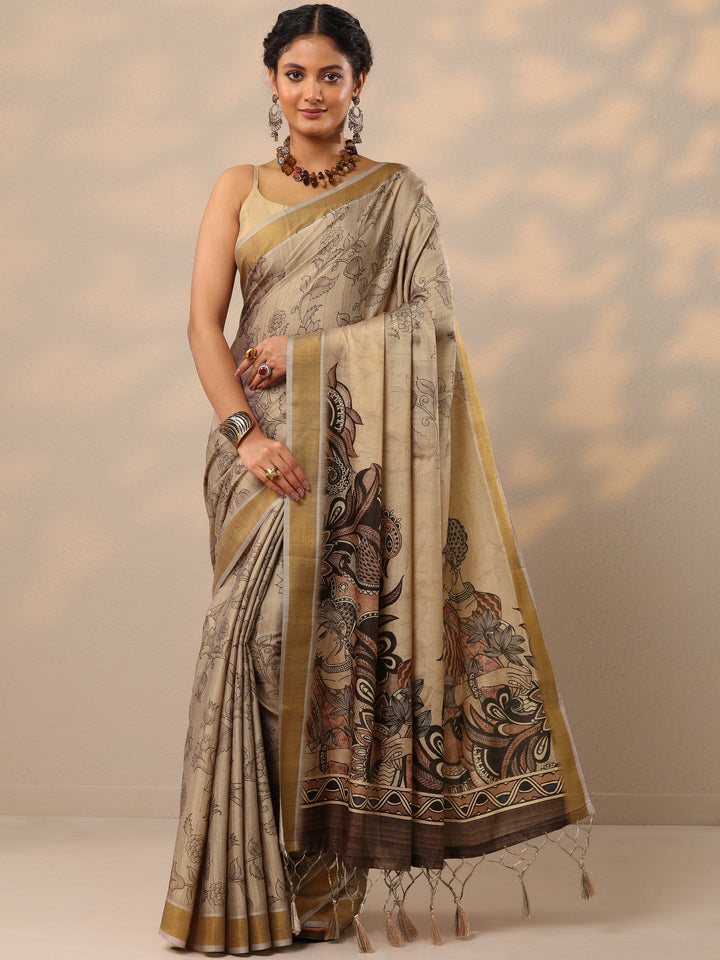 Beige Printed Silk Blend Saree With Unstitched Blouse Piece