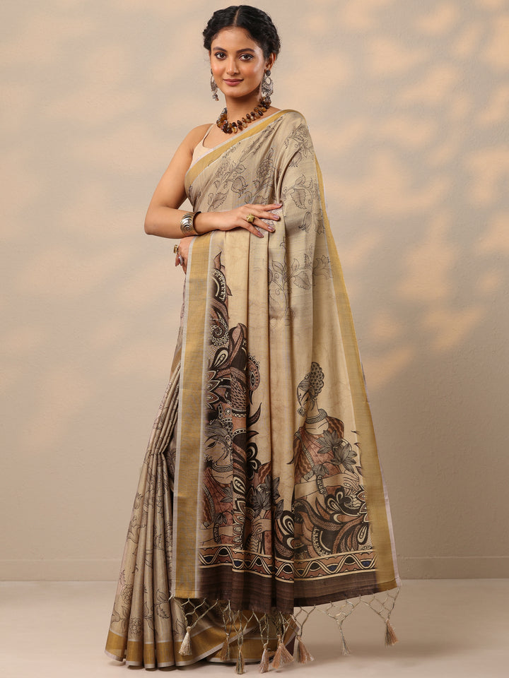 Beige Printed Silk Blend Saree With Unstitched Blouse Piece