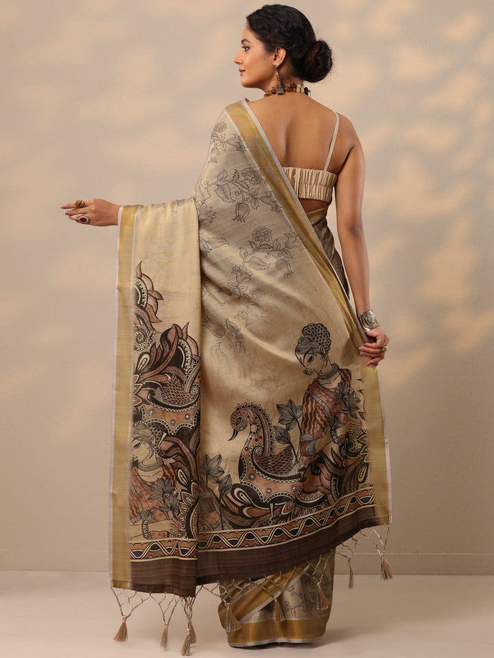 Beige Printed Silk Blend Saree With Unstitched Blouse Piece