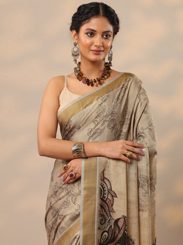 Beige Printed Silk Blend Saree With Unstitched Blouse Piece