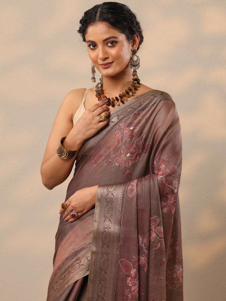 Mauve Printed Silk Blend Saree With Unstitched Blouse Piece