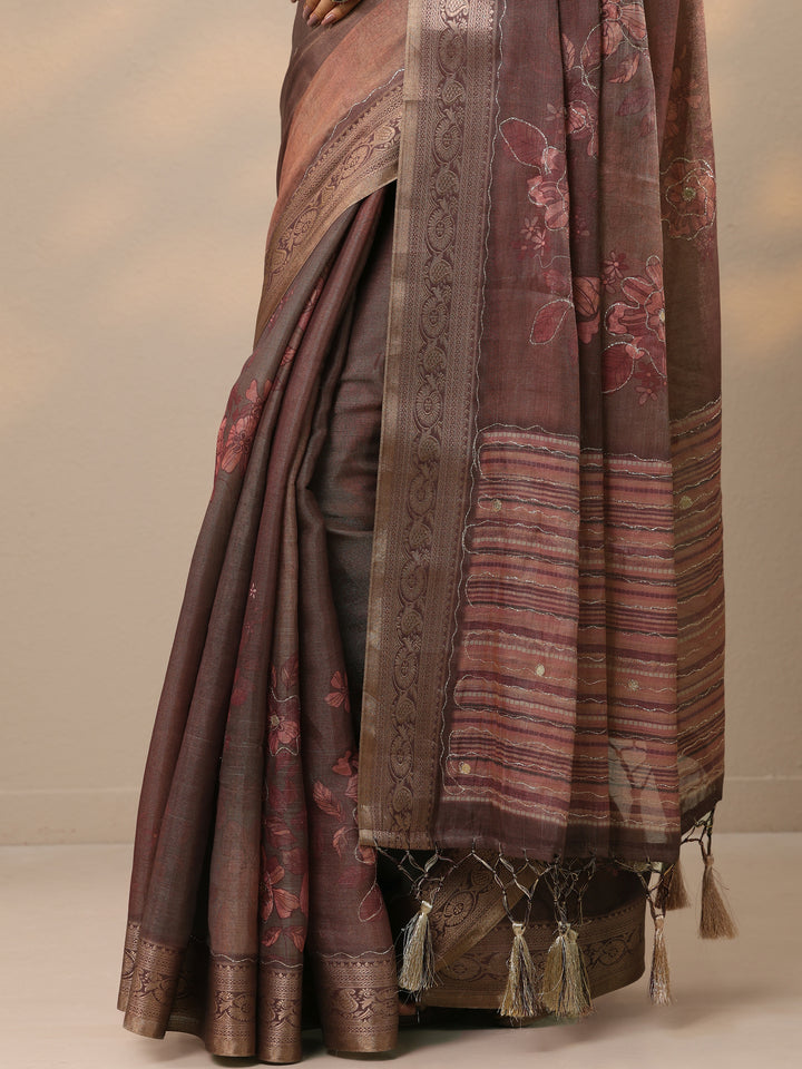Mauve Printed Silk Blend Saree With Unstitched Blouse Piece