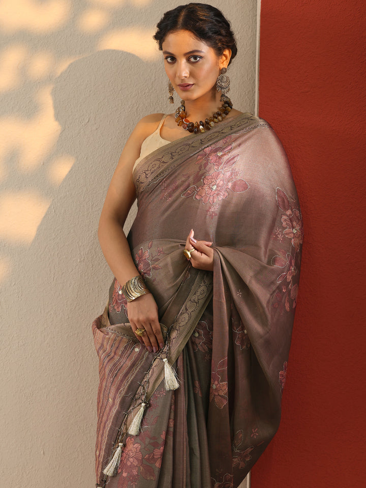 Mauve Printed Silk Blend Saree With Unstitched Blouse Piece