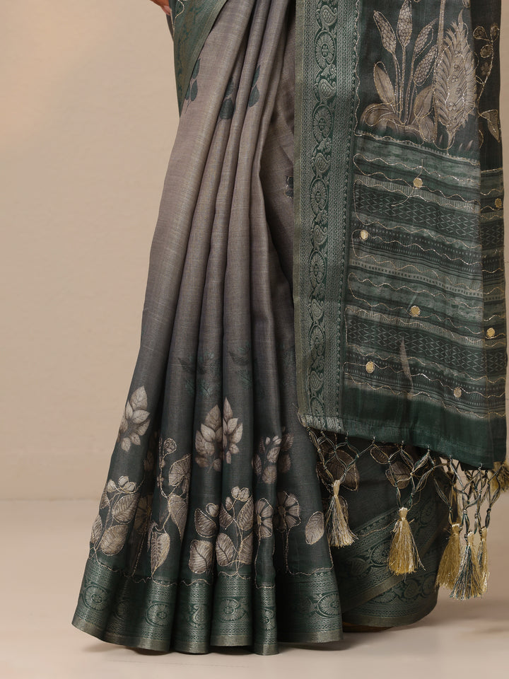Blue Printed Silk Blend Sarees With Unstitched Blouse Piece