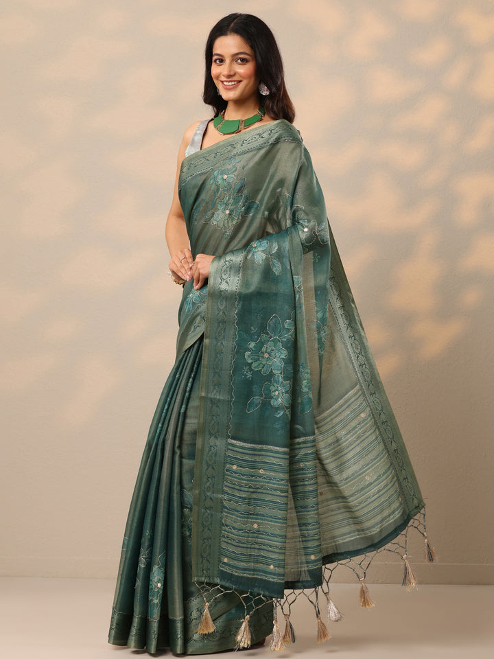 Turquoise blue Printed Silk Blend Sarees With Unstitched Blouse Piece