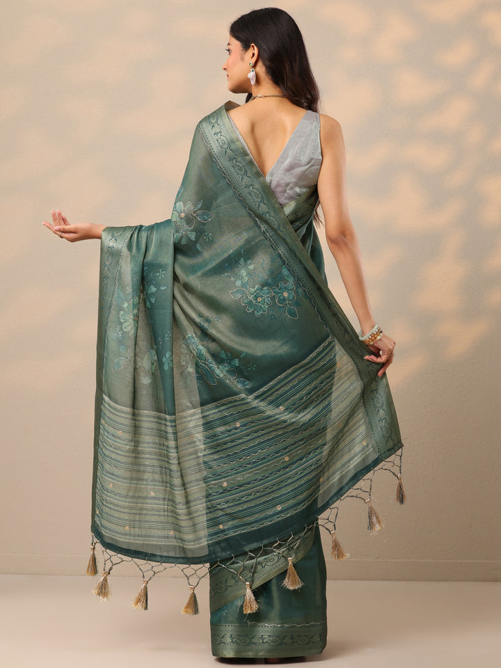 Turquoise blue Printed Silk Blend Sarees With Unstitched Blouse Piece