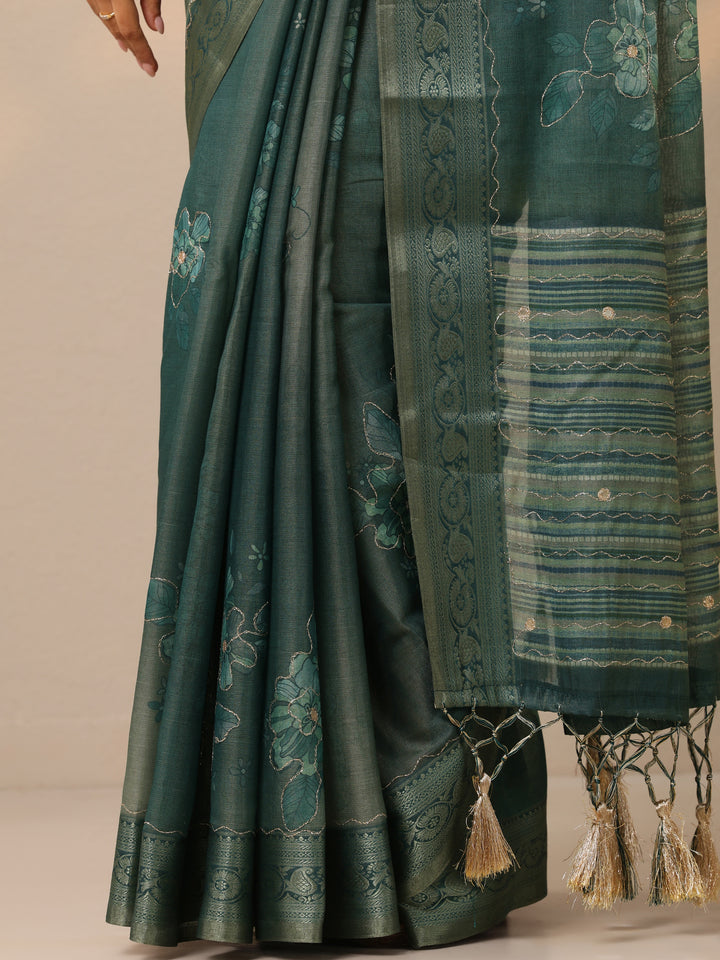 Turquoise blue Printed Silk Blend Sarees With Unstitched Blouse Piece