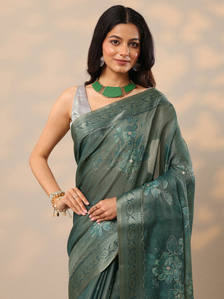 Turquoise blue Printed Silk Blend Sarees With Unstitched Blouse Piece