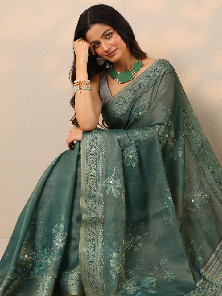 Turquoise blue Printed Silk Blend Sarees With Unstitched Blouse Piece