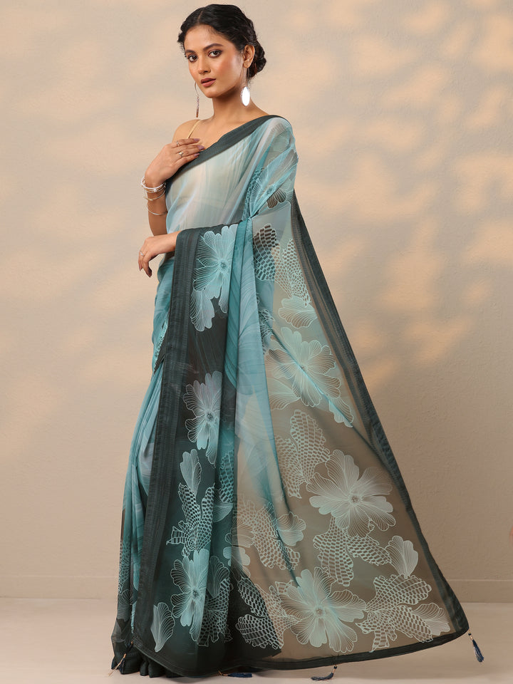 Teal Printed Georgette Saree With Unstitched Blouse Piece
