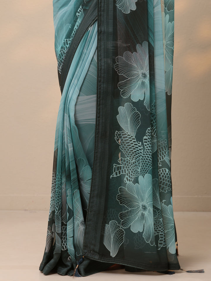Teal Printed Georgette Saree With Unstitched Blouse Piece