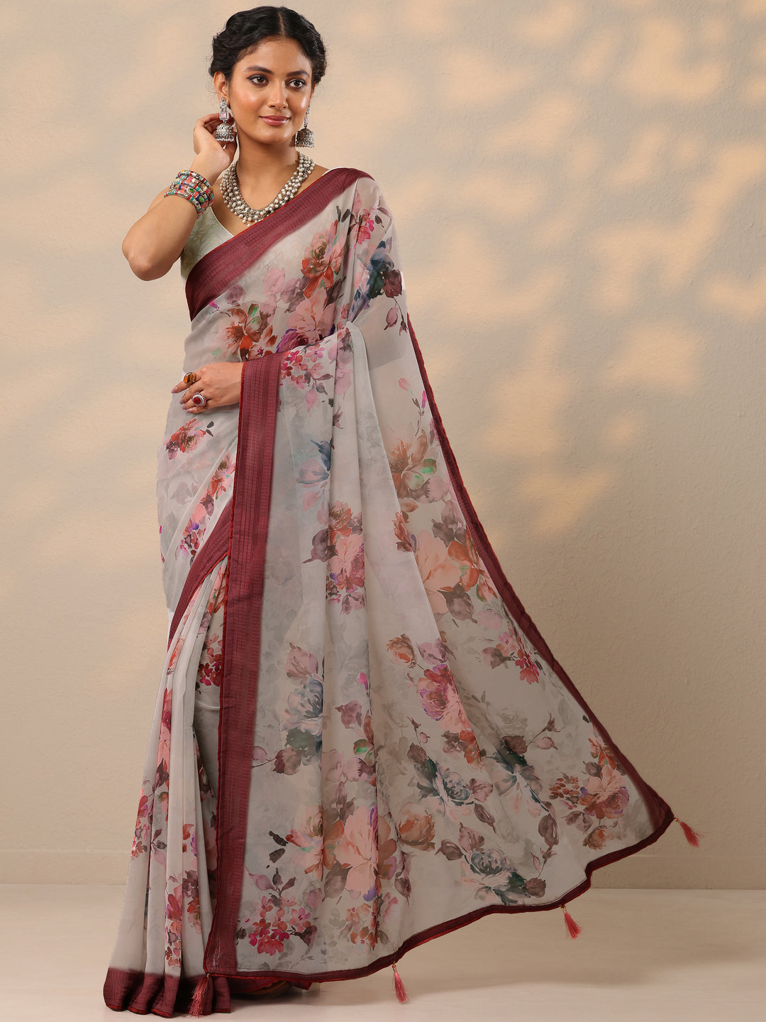 Maroon Printed Georgette Saree With Unstitched Blouse Piece