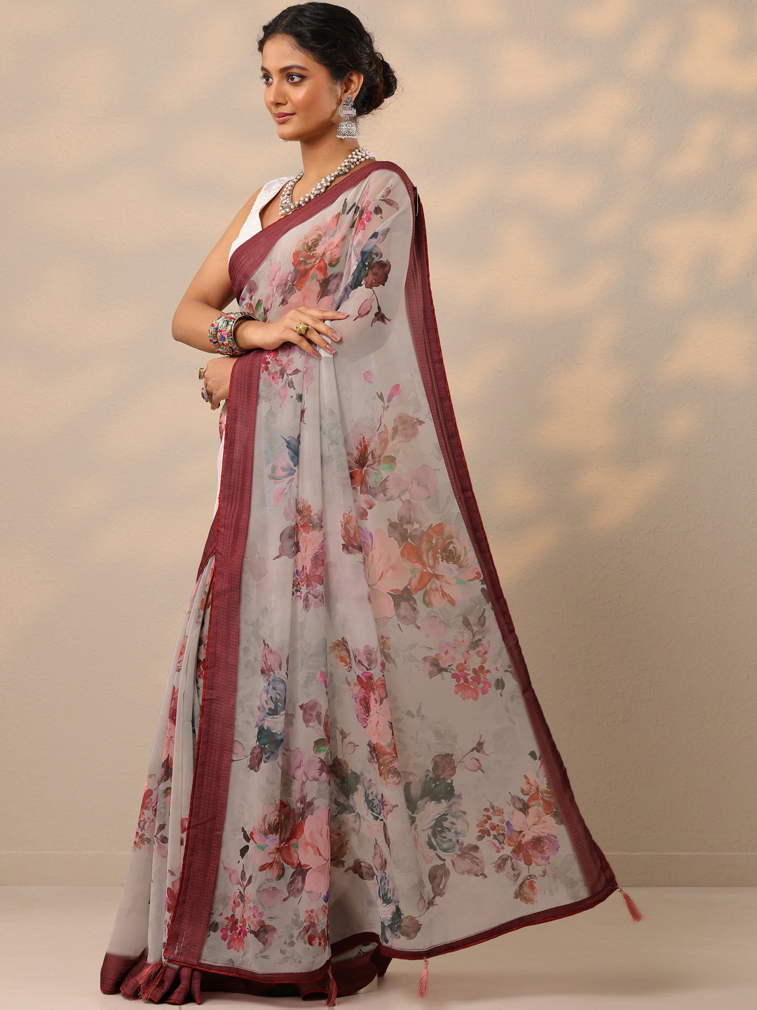 Maroon Printed Georgette Saree With Unstitched Blouse Piece