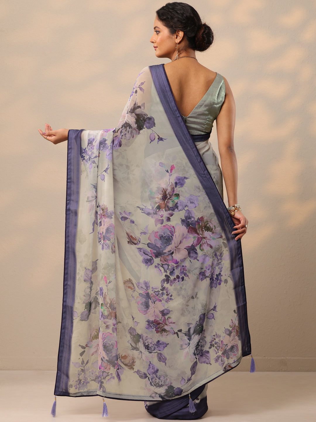 Purple Printed Georgette Saree With Unstitched Blouse Piece