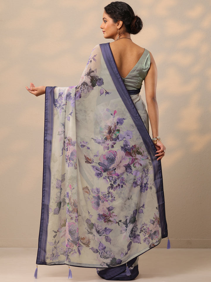 Purple Printed Georgette Saree With Unstitched Blouse Piece
