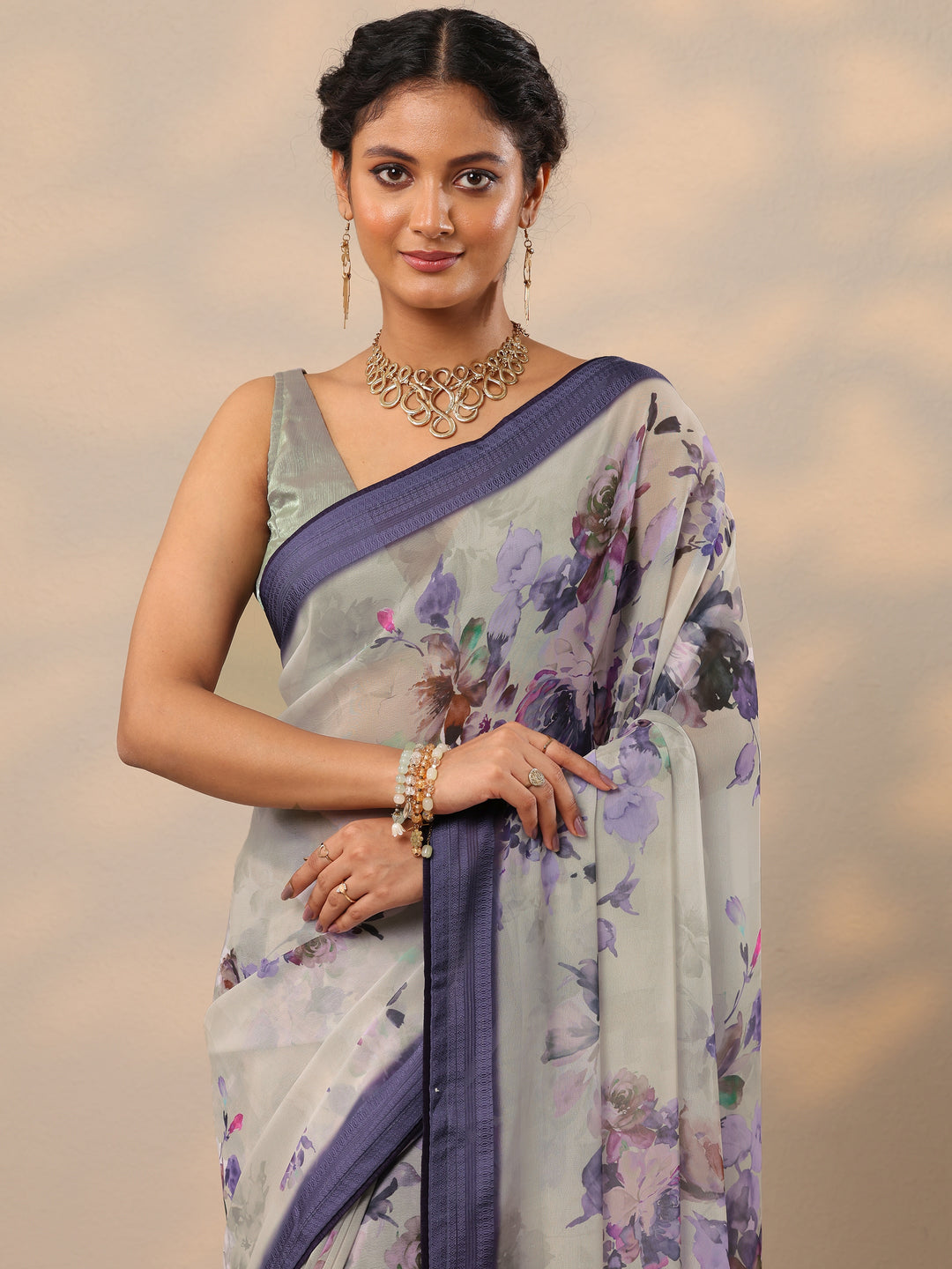 Purple Printed Georgette Saree With Unstitched Blouse Piece