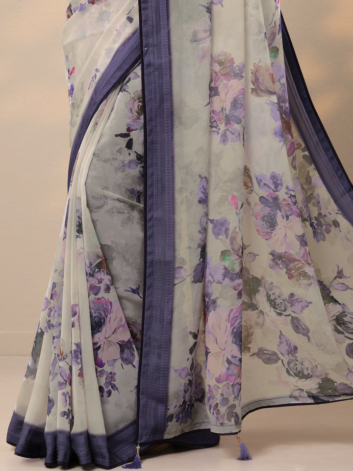 Purple Printed Georgette Saree With Unstitched Blouse Piece
