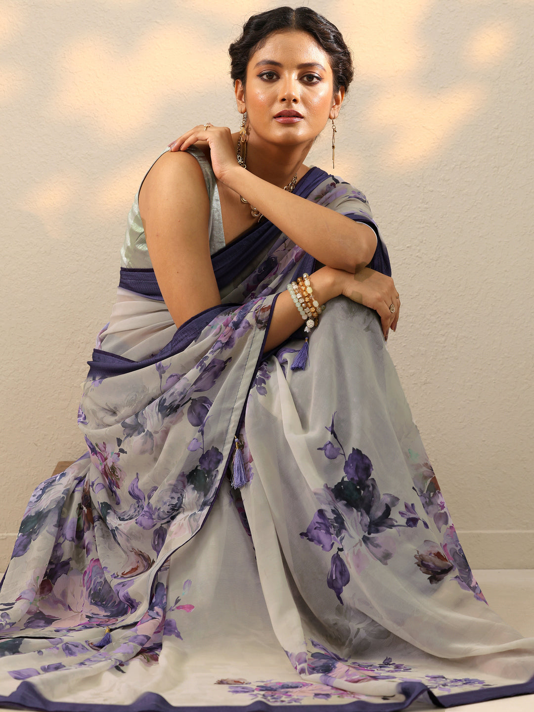 Purple Printed Georgette Saree With Unstitched Blouse Piece