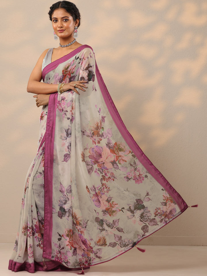 Pink Printed Georgette Saree With Unstitched Blouse Piece