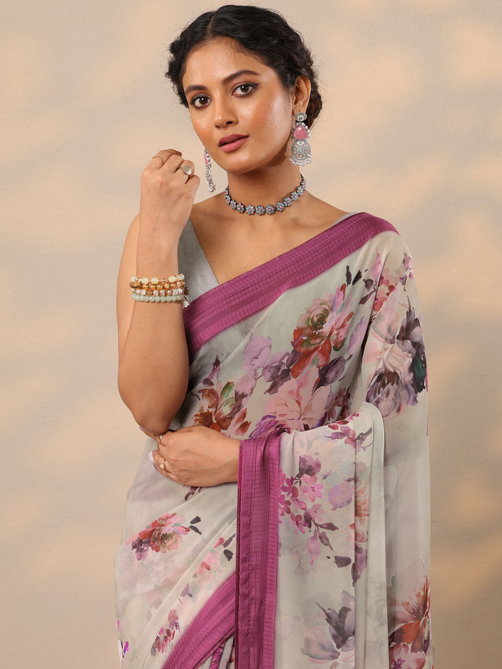 Pink Printed Georgette Saree With Unstitched Blouse Piece