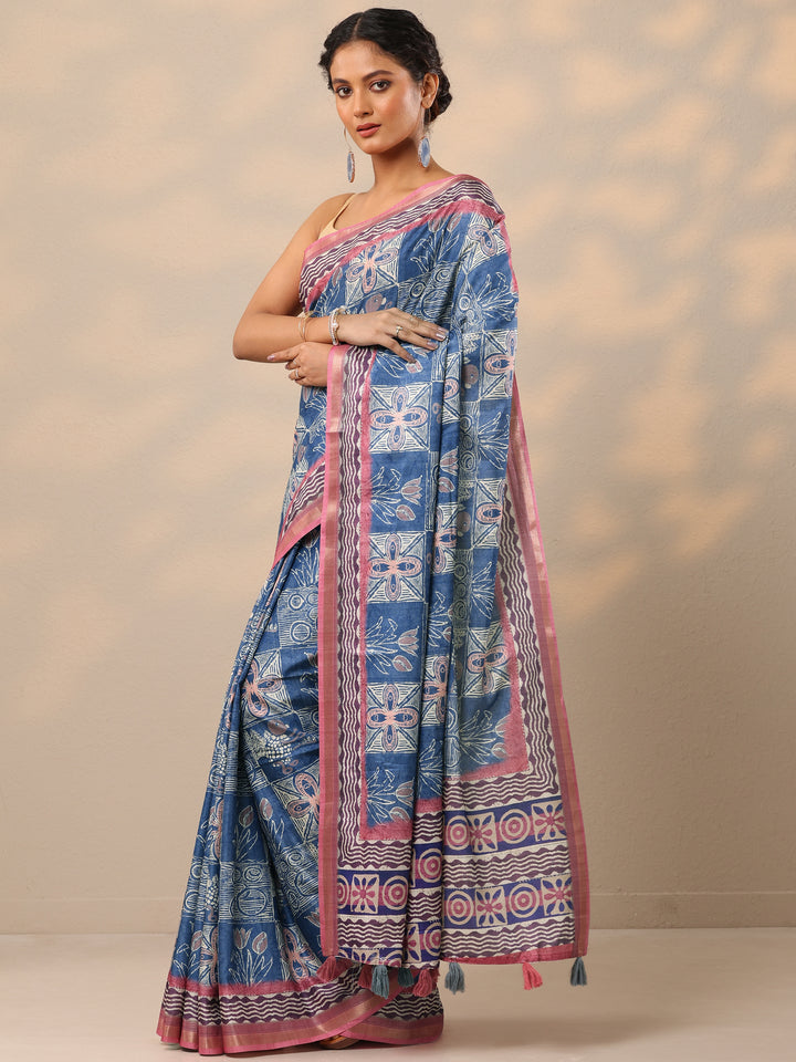 Blue Block Printed Silk blend Saree With Unstitched Blouse Piece