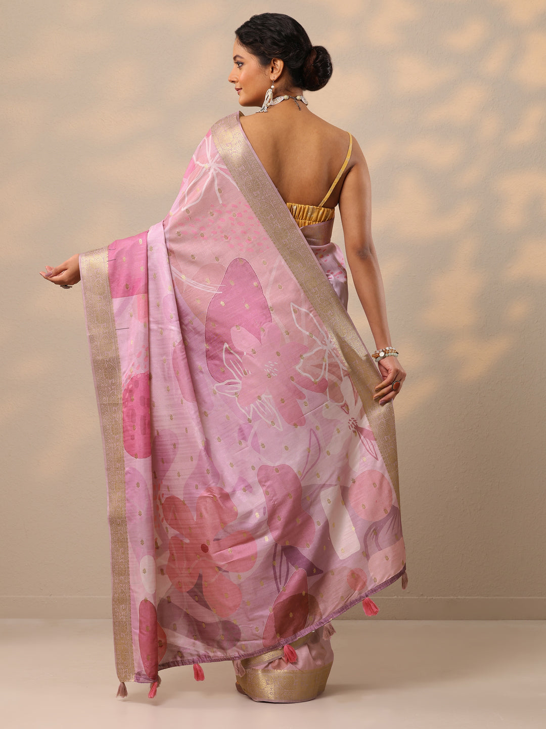 Lavender Printed Silk blend Saree With Unstitched Blouse Piece