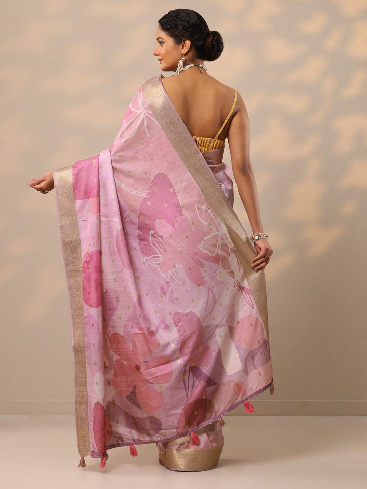 Lavender Printed Silk blend Saree With Unstitched Blouse Piece