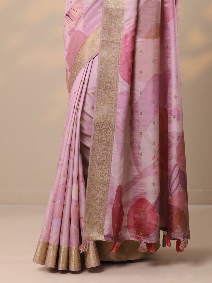 Lavender Printed Silk blend Saree With Unstitched Blouse Piece