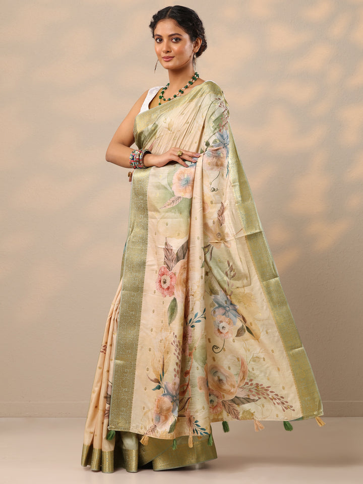 Beige Printed Silk blend Saree With Unstitched Blouse Piece