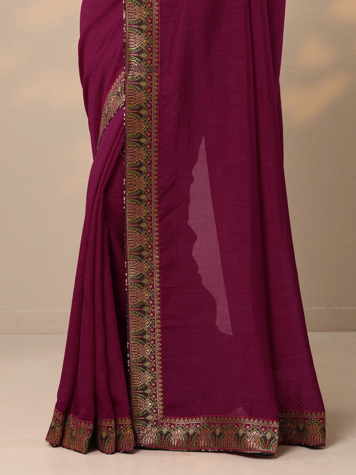 Magenta Solid Silk blend Saree With Unstitched Blouse Piece