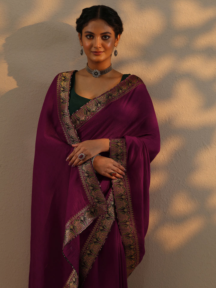 Magenta Solid Silk blend Saree With Unstitched Blouse Piece