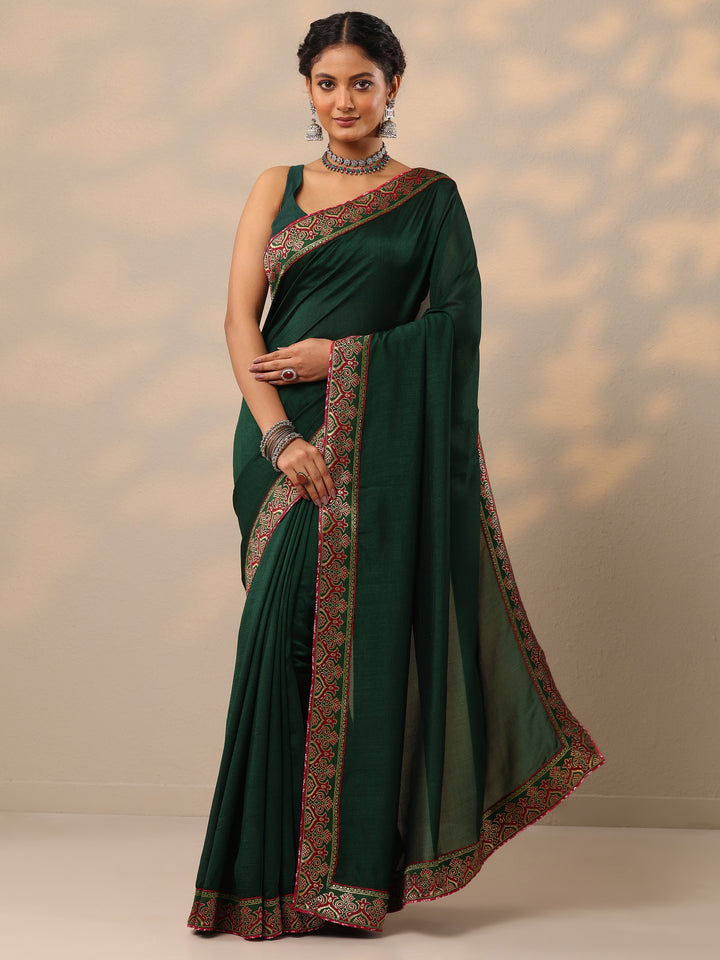 Green Solid Silk Blend Saree With Unstitched Blouse Piece
