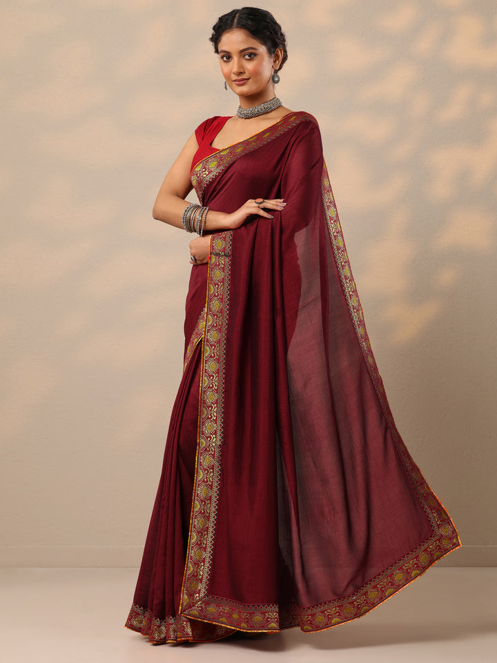 Maroon Solid Silk blend Saree With Unstitched Blouse Piece