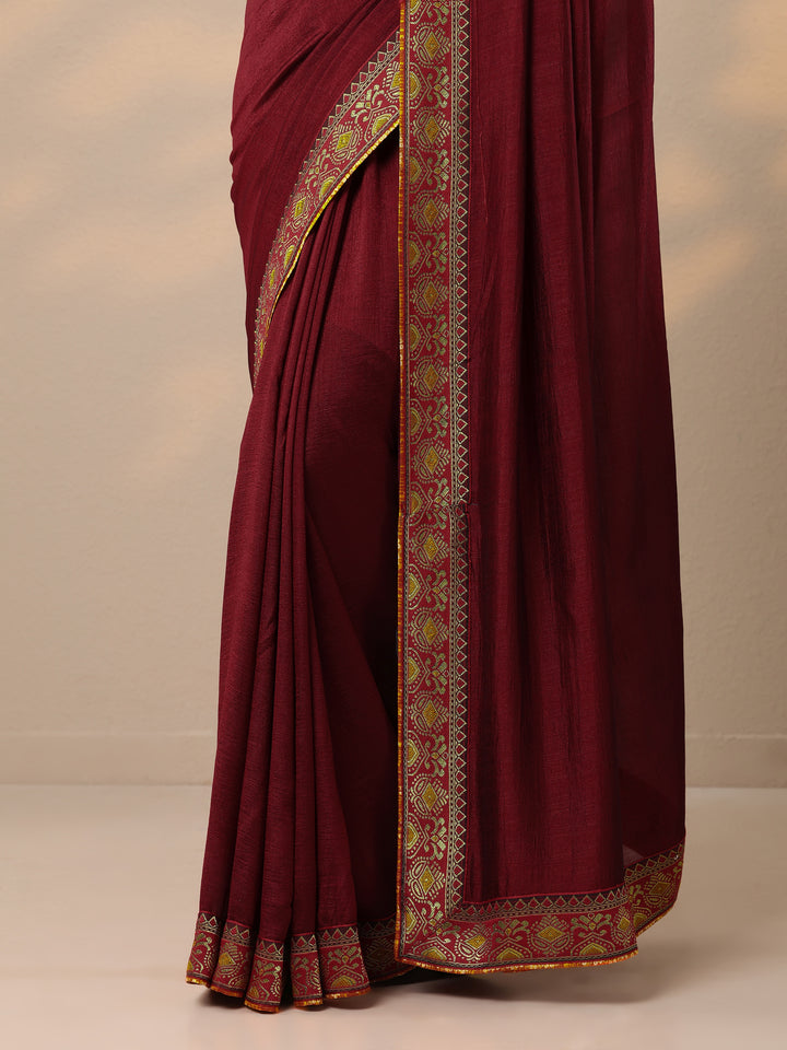 Maroon Solid Silk blend Saree With Unstitched Blouse Piece