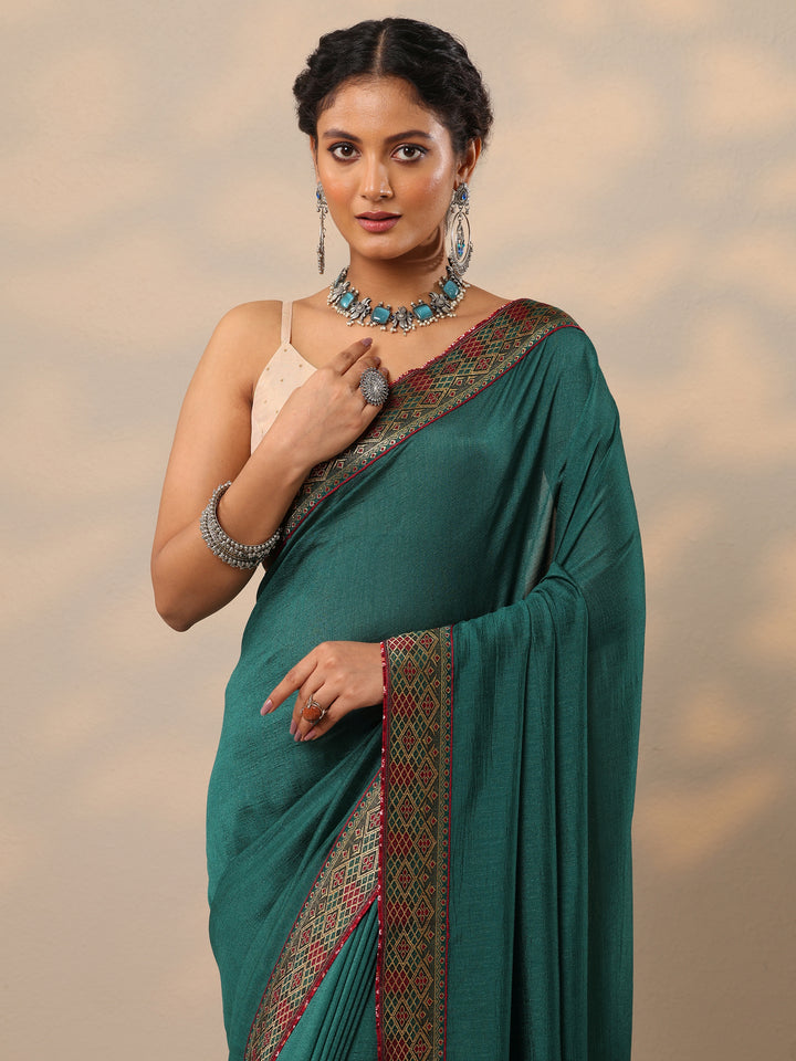 Teal Solid Silk Blend Saree With Unstitched Blouse Piece