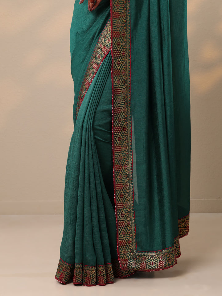 Teal Solid Silk Blend Saree With Unstitched Blouse Piece