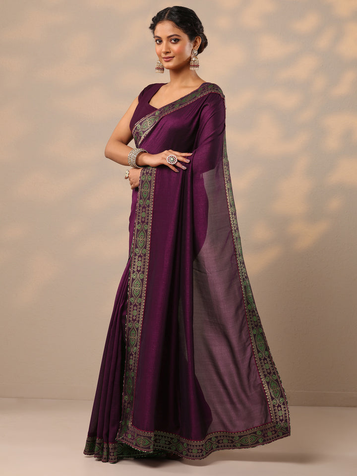 Wine Solid Silk Blend Saree With Unstitched Blouse Piece